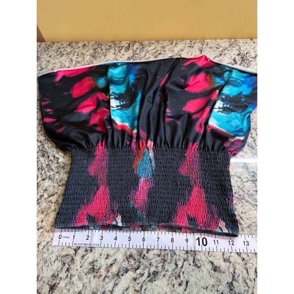 Womens Smocked Halter Top L Strapless Multicolor Abstract Boho Hippie Y2K - Picture 5 of 6